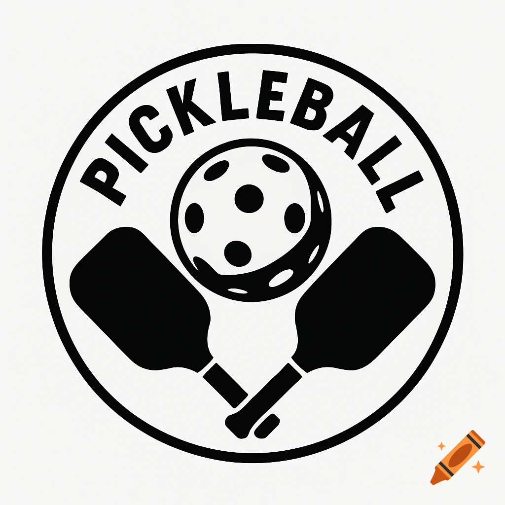 Black and white pickleball logo with ball and crossed paddles