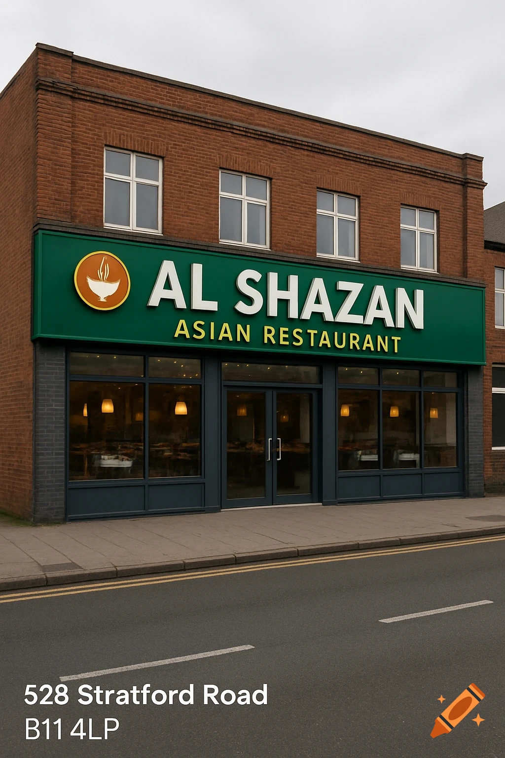 Realistic photo of a restaurant building on a street with 'AL SHAZAN ASIAN RESTAURANT' sign and address text.