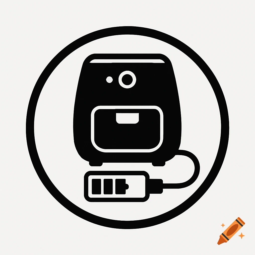 Black and white logo icon of an air fryer connected to a battery inside a circle.