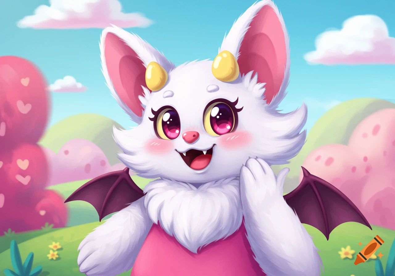 A cute white furry creature with pink ears, yellow horns, and bat wings in a pink and green fantasy landscape.