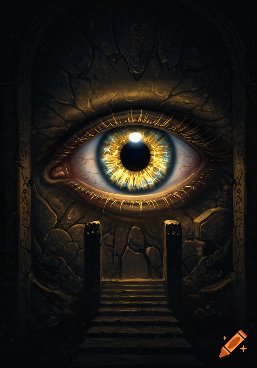 A large, detailed eye is set into a cracked stone wall above steps leading into a dark, ancient structure.