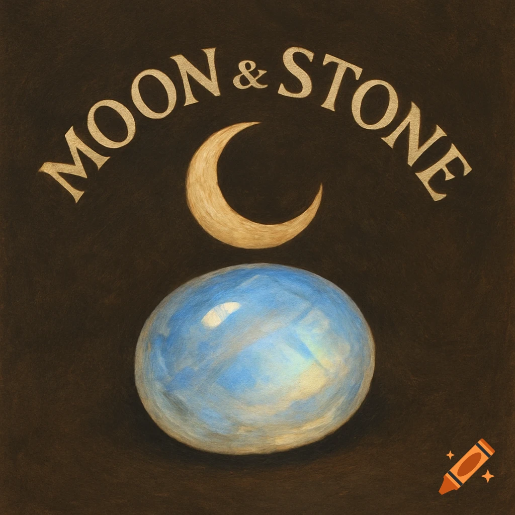 Illustration of a crescent moon above a moonstone sphere, with 'MOON & STONE' arched text above.