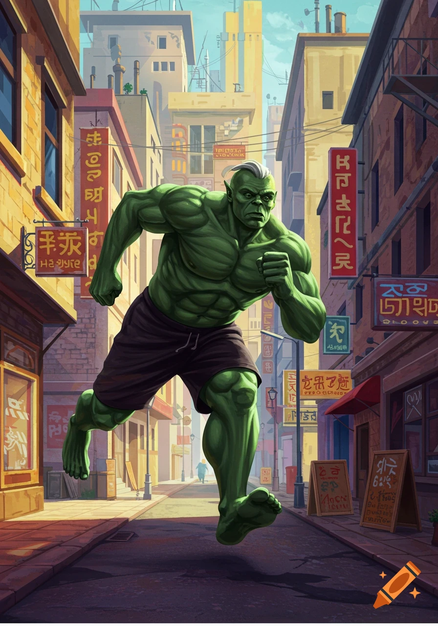 A large green muscular man in shorts runs down an urban street with shops and signs in a stylized illustration.