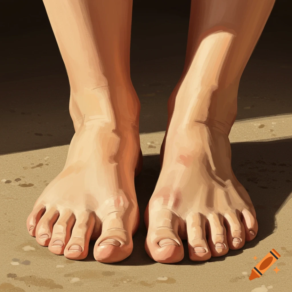 Close-up of two feet standing on a sandy surface in a painted style.