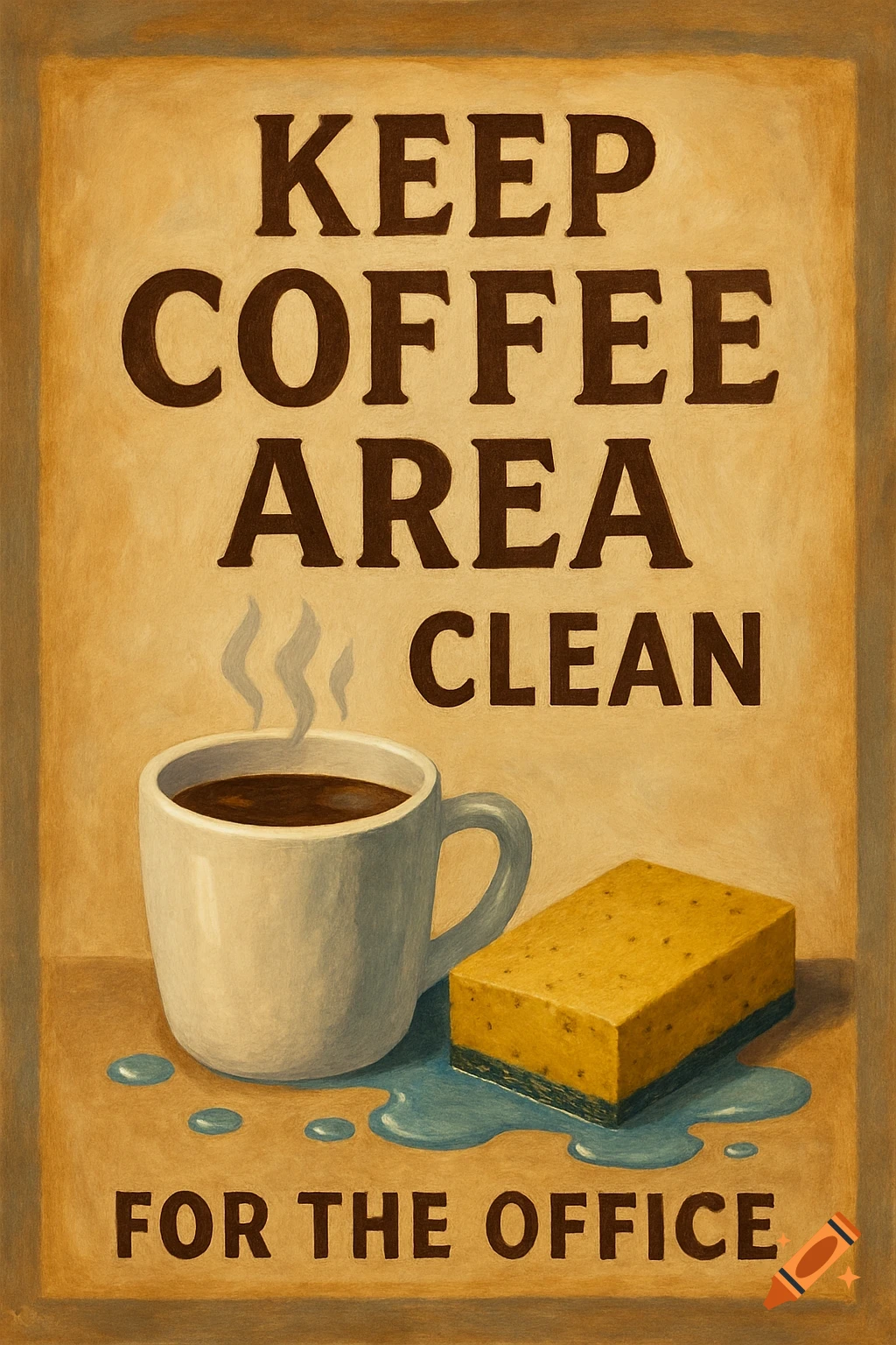 Vintage illustration of a sign that reads 'KEEP COFFEE AREA CLEAN FOR THE OFFICE' with a coffee cup and sponge.