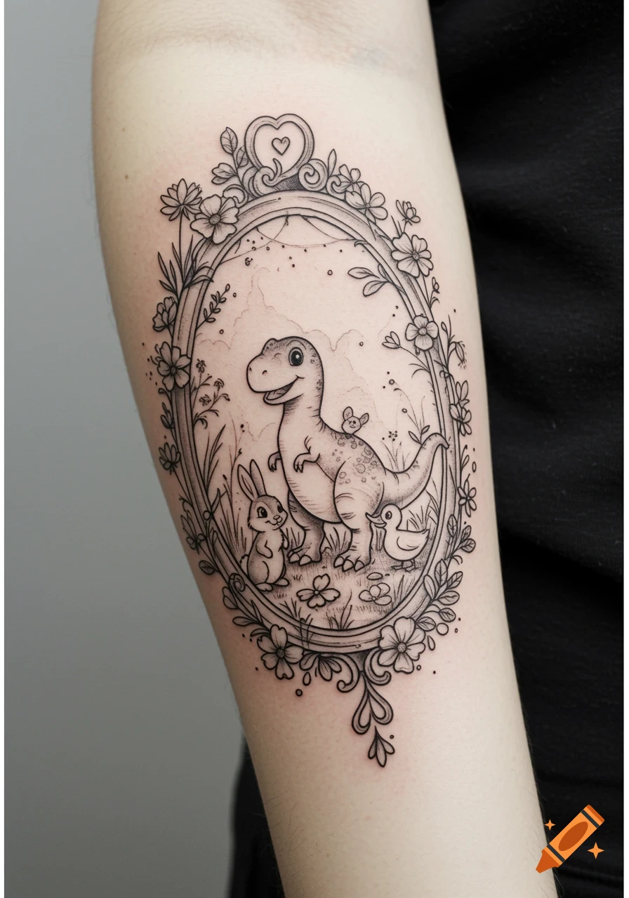Line art tattoo of a cute dinosaur, bunny, and duck in an oval floral frame on an arm.