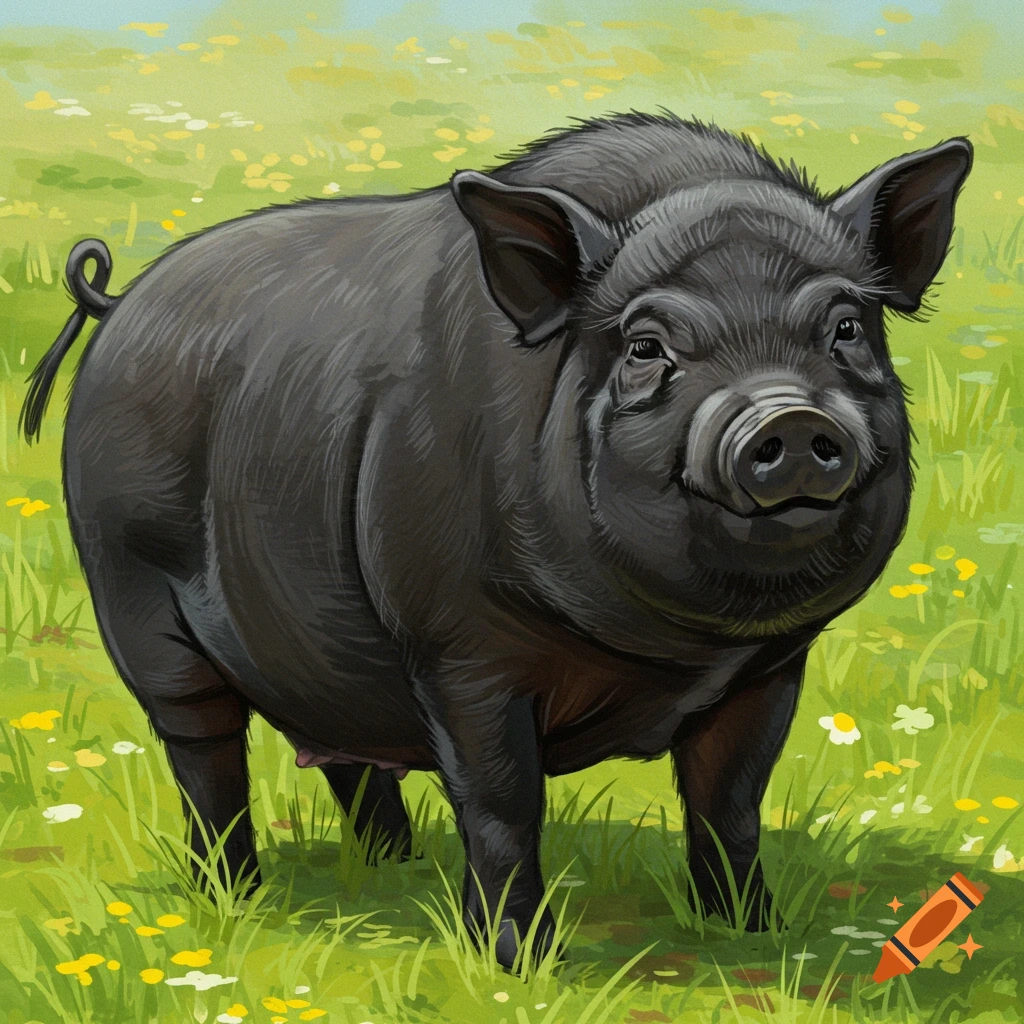 Black pot-bellied pig standing in a grassy field with flowers, illustration style.