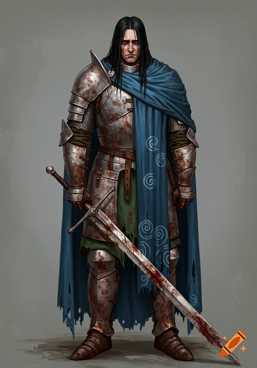 A knight with bloodied armor and sword, long black hair, and a blue cloak.