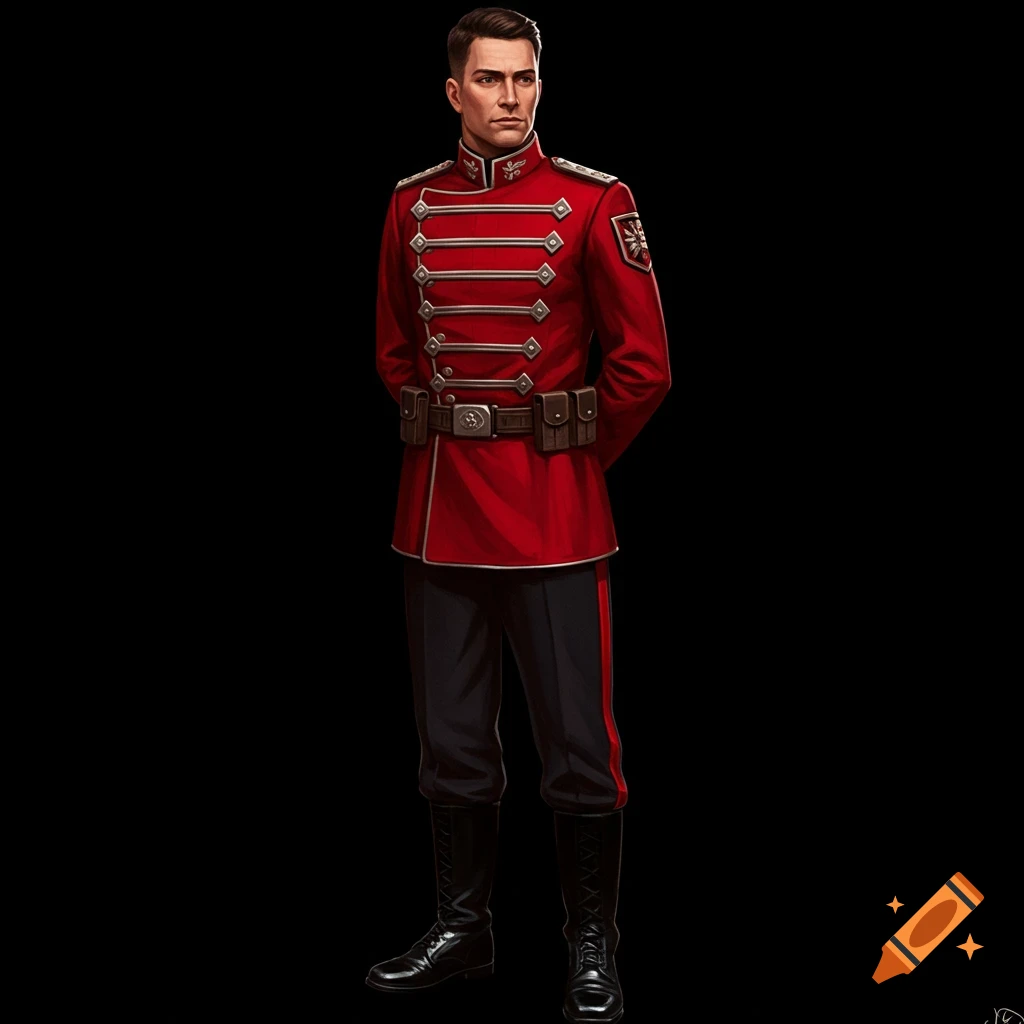 Illustration of a soldier in a red and black military uniform.