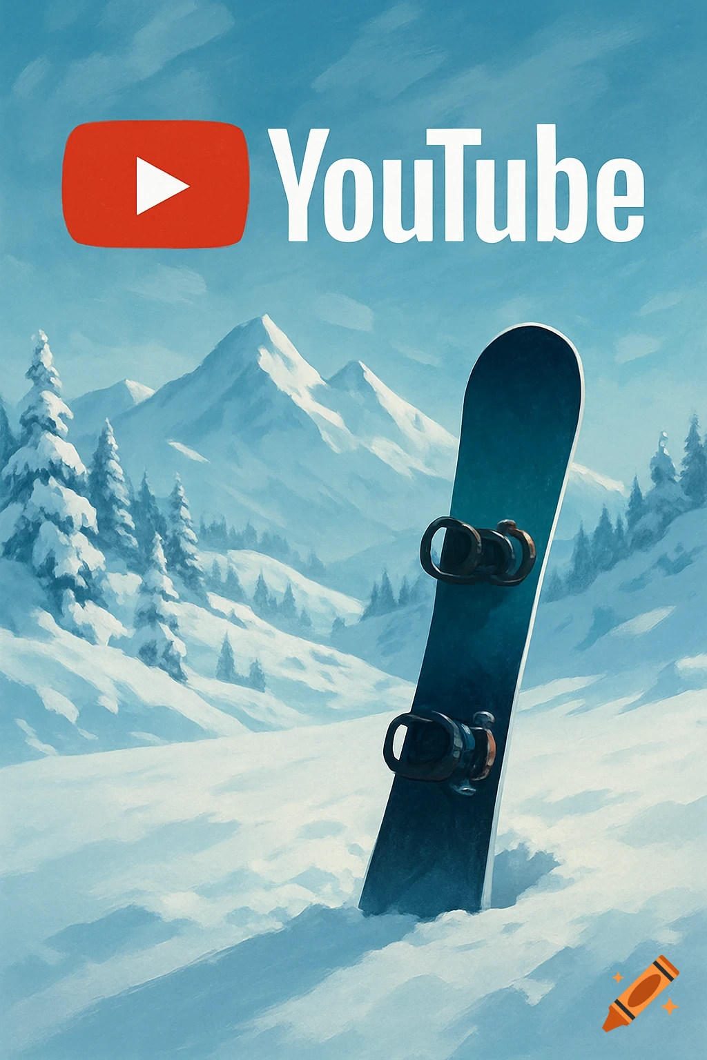 A snowboard in the snow on a mountain slope with the YouTube logo in the sky. Painterly style.