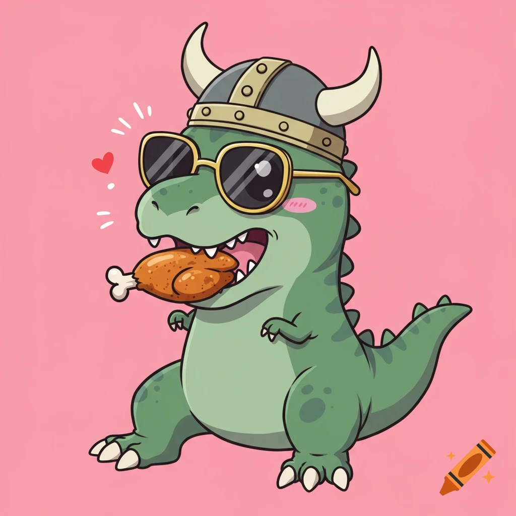 A cute cartoon green dinosaur wearing a viking helmet and sunglasses eats a chicken leg on a pink background.