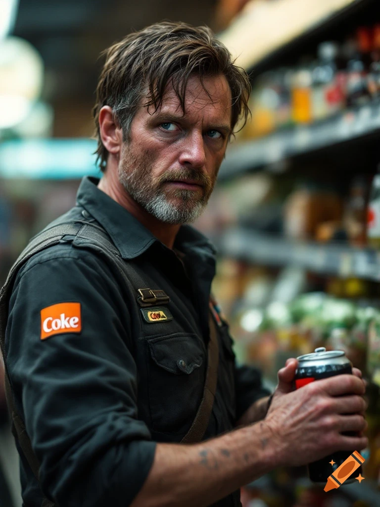 Close-up portrait of a man in a store holding a soda can