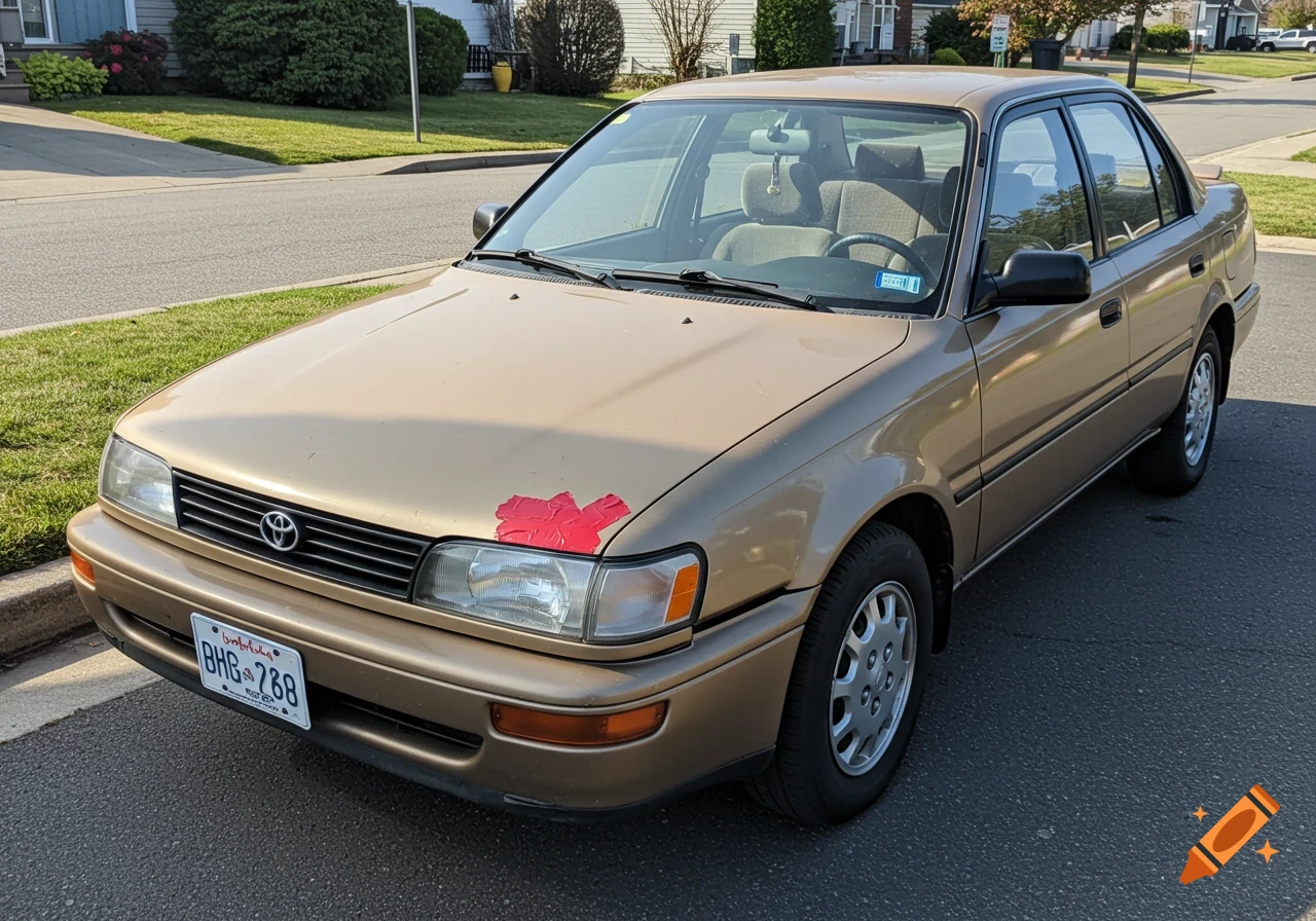 A gold 1995 Toyota Corolla with red tape on the hood, parked on a street.