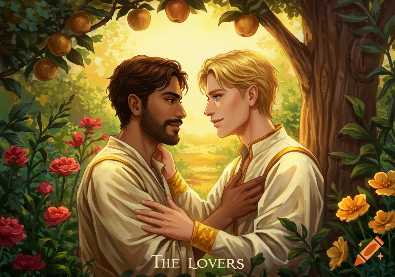 Stylized illustration of two men embracing in a lush garden with apples and flowers.