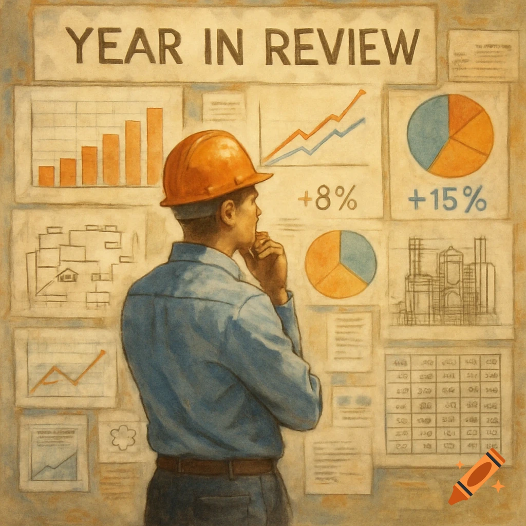 Person in a hard hat looking at charts and diagrams during a year in review, painterly style.