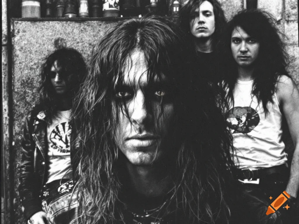 Black and white photo of a grunge or punk band posing for a picture