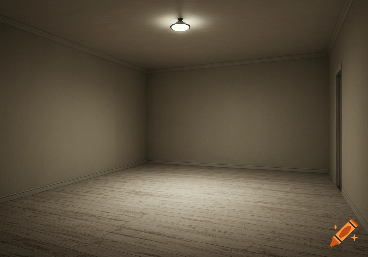 An empty room with light brown walls, wooden floor, and a single ceiling light.