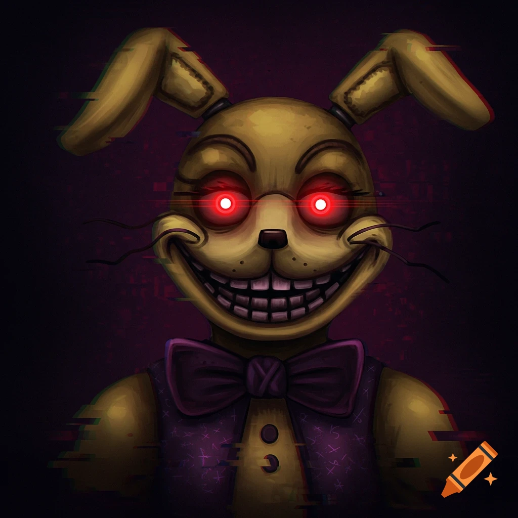 Illustrative portrait of a creepy yellow rabbit animatronic with glowing red eyes and sharp teeth, wearing a purple vest and bow tie, with glitch effects.