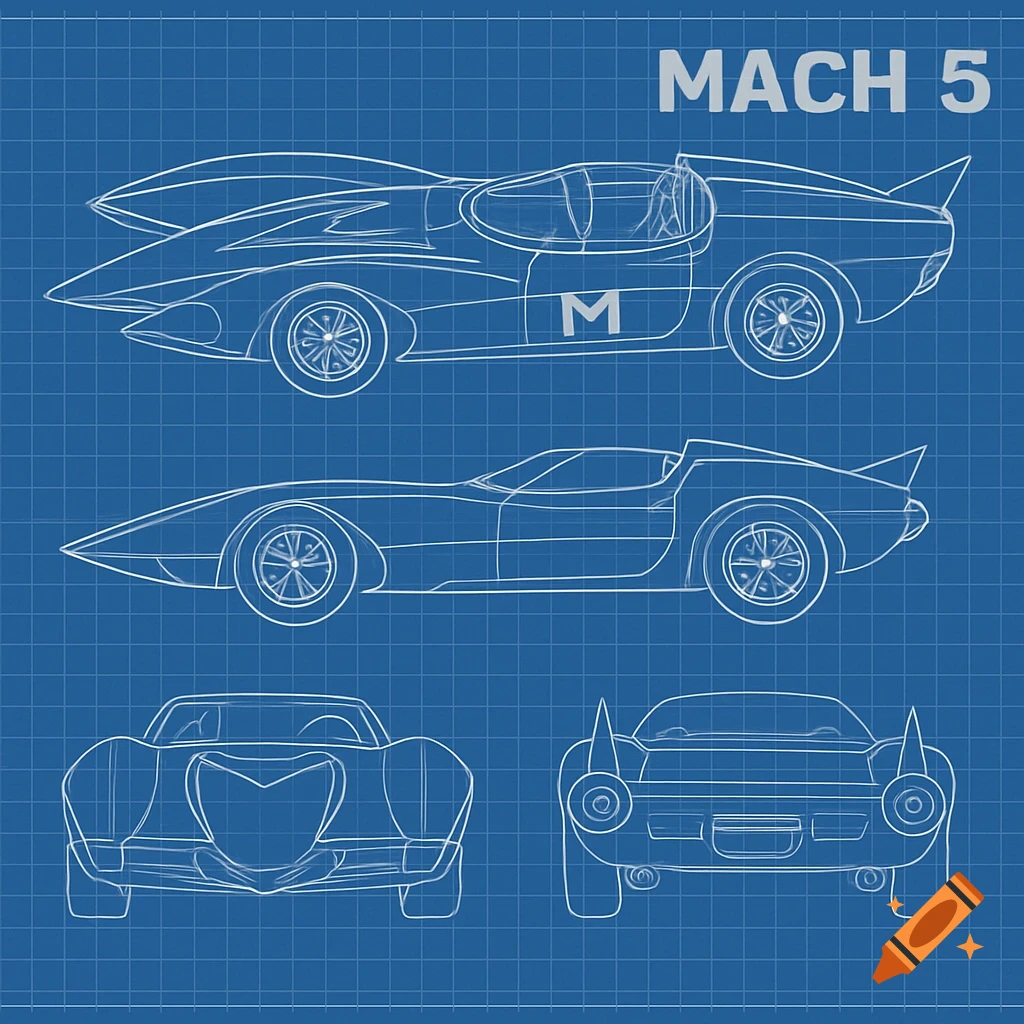 Blueprint style drawing of the Mach 5 car showing multiple views on a blue grid background.