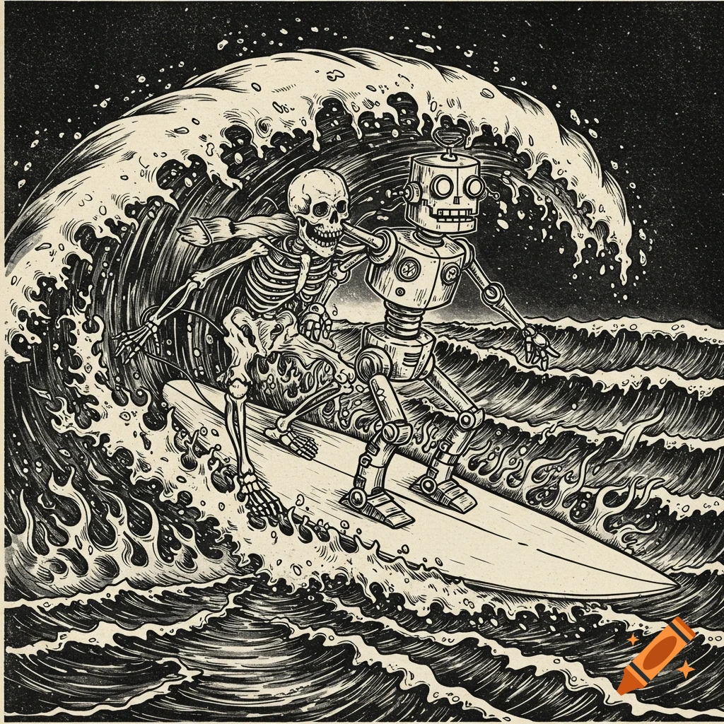 Black and white illustration of a skeleton and a robot surfing a large wave with flames.