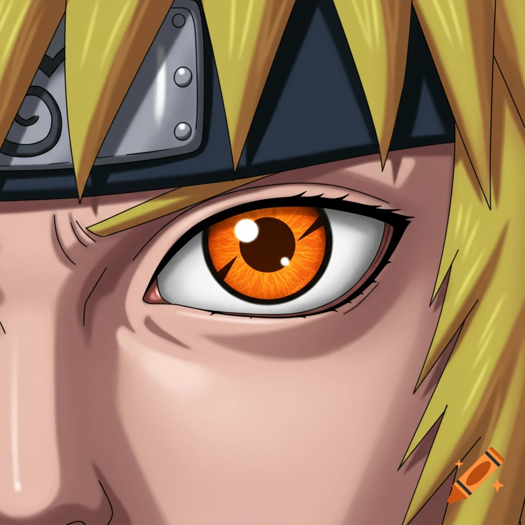 Close-up anime illustration of a character's face with an orange eye and headband.