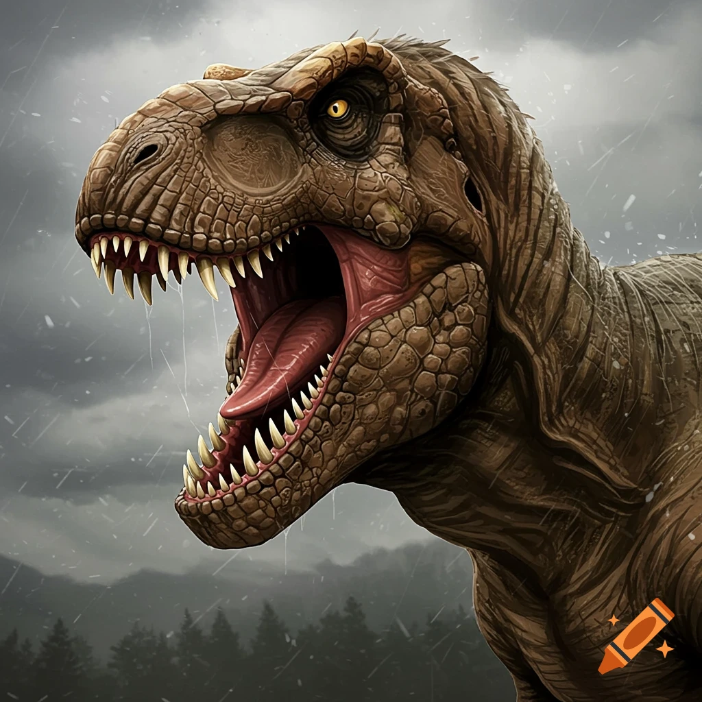 Angry Tyrannosaurus Rex head roaring in the rain.