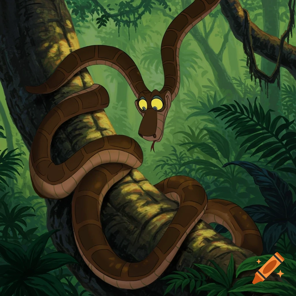 Kaa the snake wrapped around a tree branch in a jungle