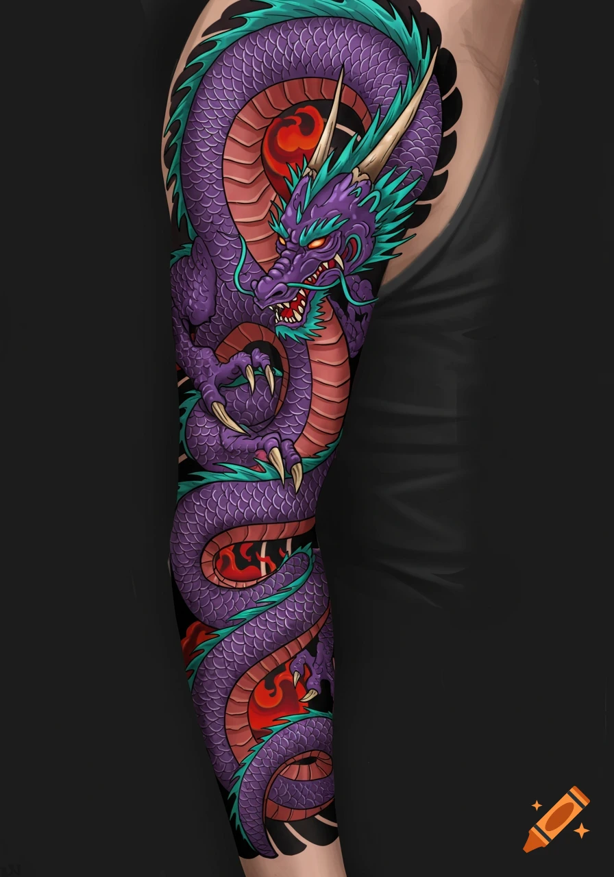 Neo-traditional purple dragon tattoo sleeve on Craiyon