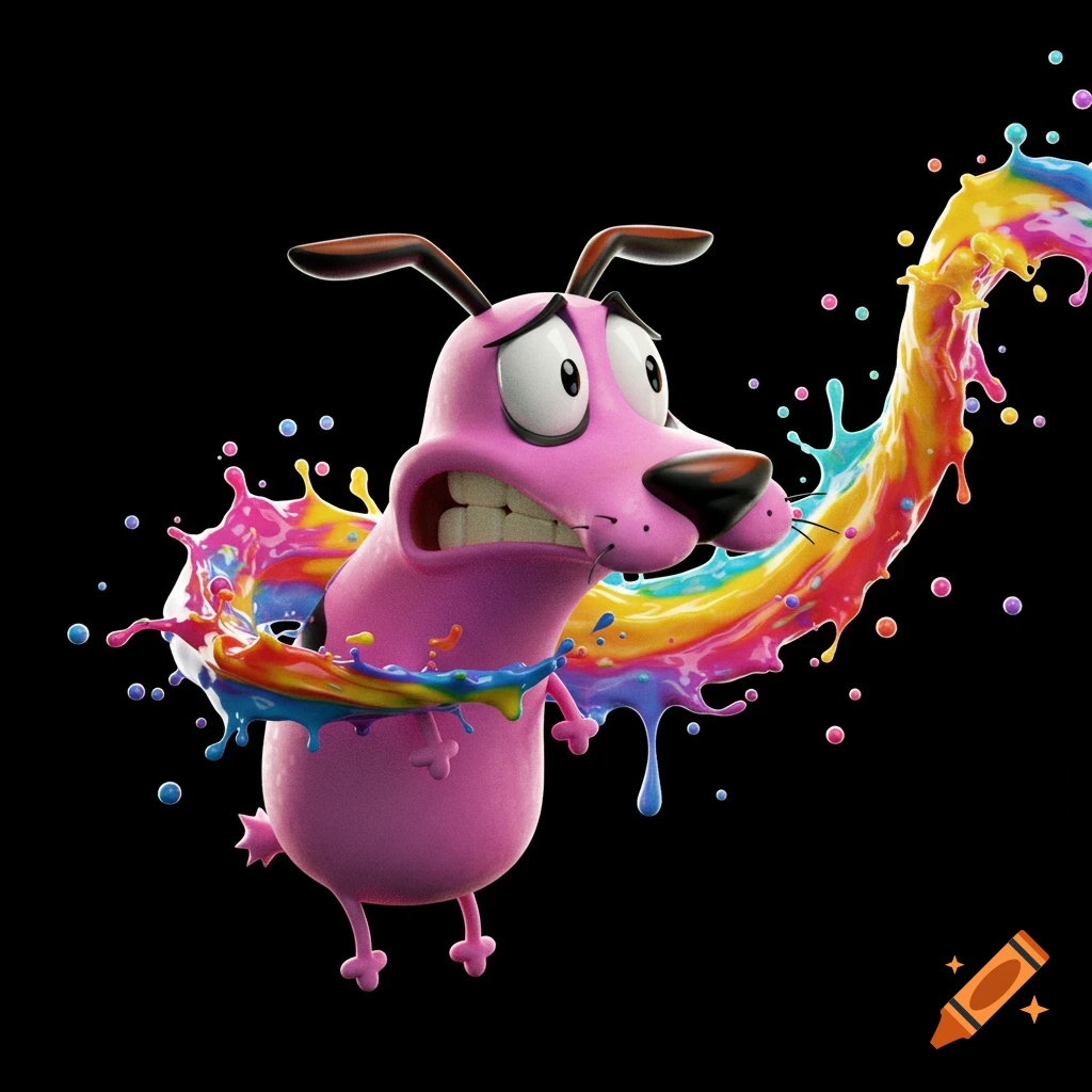 A 3D rendering of the pink cartoon dog Courage the Cowardly Dog looking scared as a rainbow splash of paint surrounds him on a black background.