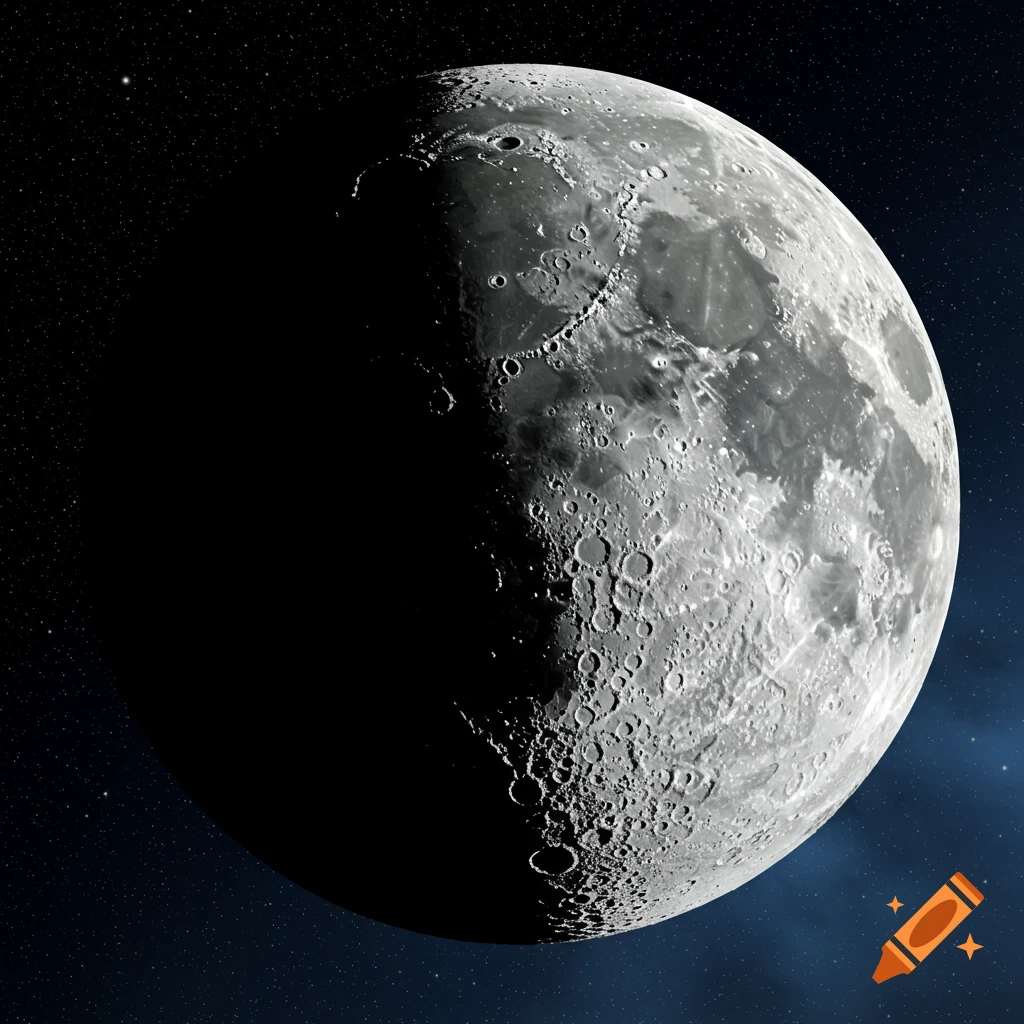 A half-lit moon seen against a starry background in space.