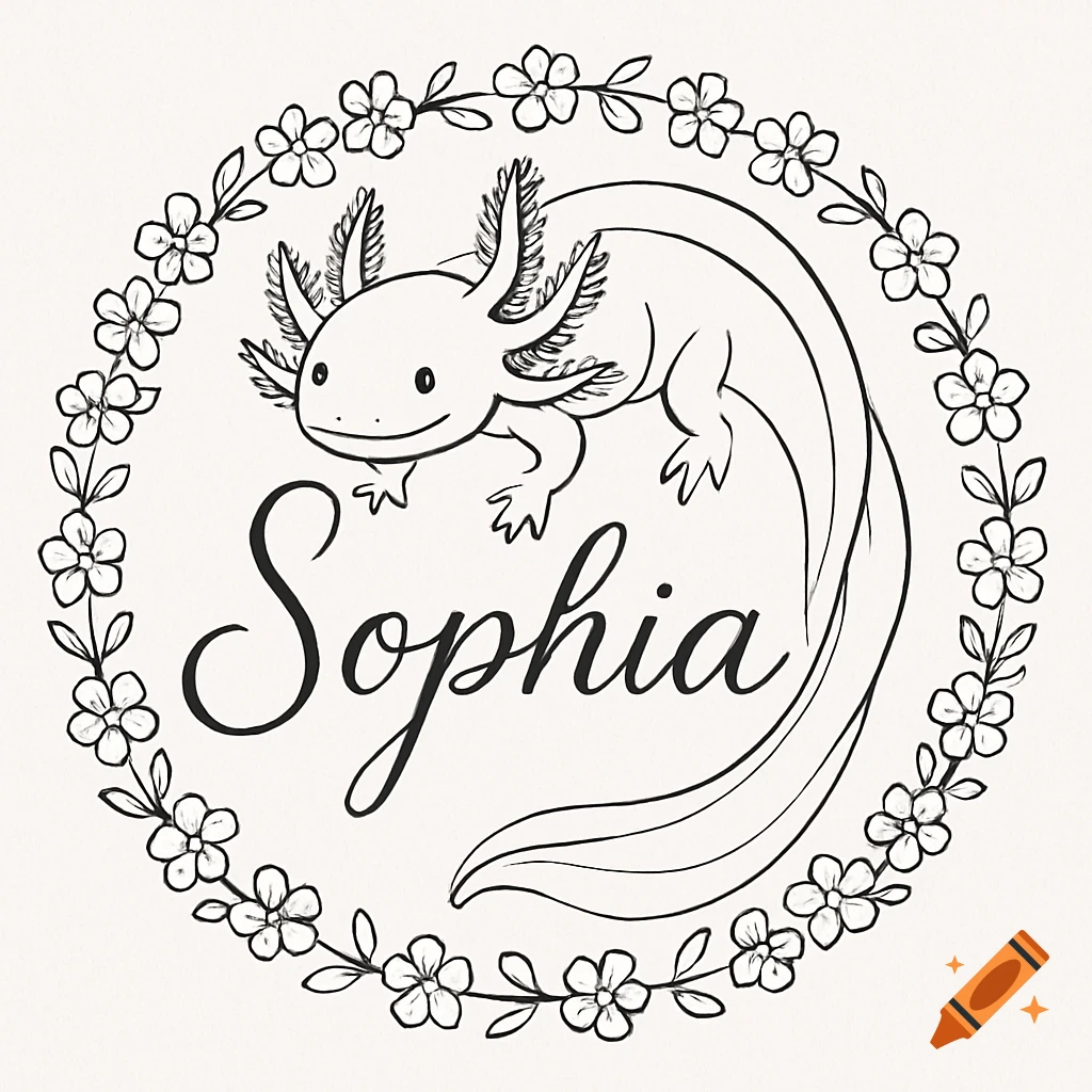Line drawing of an axolotl encircled by forget-me-not flowers, with the name Sophia in elegant script.