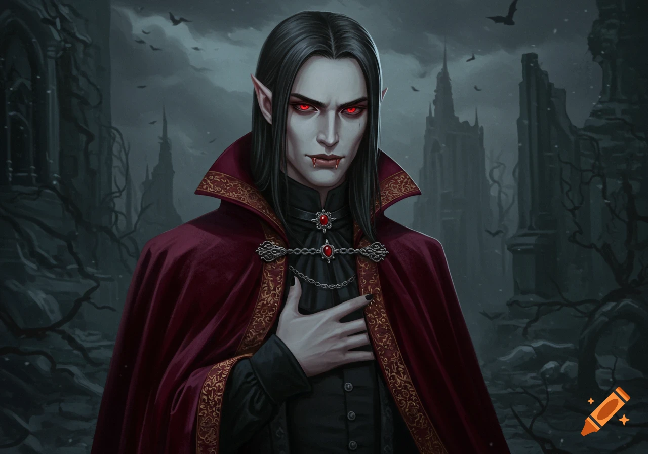 Dark fantasy portrait of a vampire with red eyes and fangs in a gothic setting.