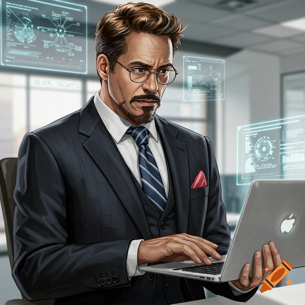 Illustrative portrait of Tony Stark in a suit and glasses working on a laptop with futuristic displays.
