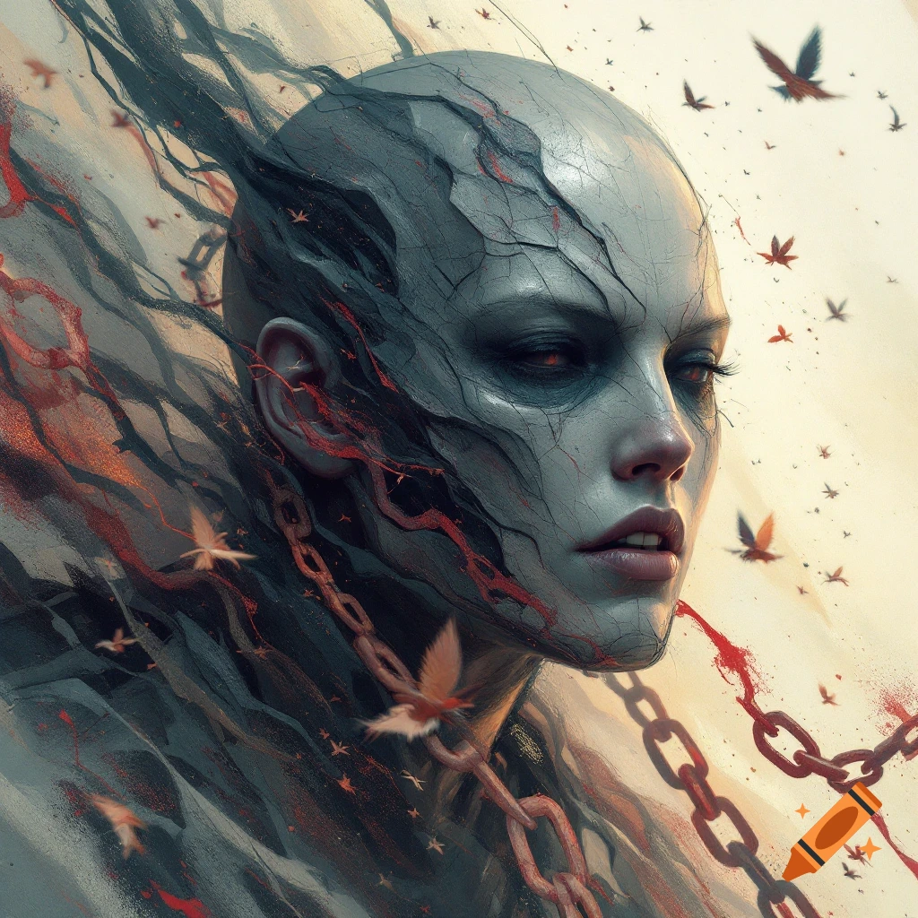 A surreal dark fantasy portrait of a figure with cracked skin, chains, and flying birds.