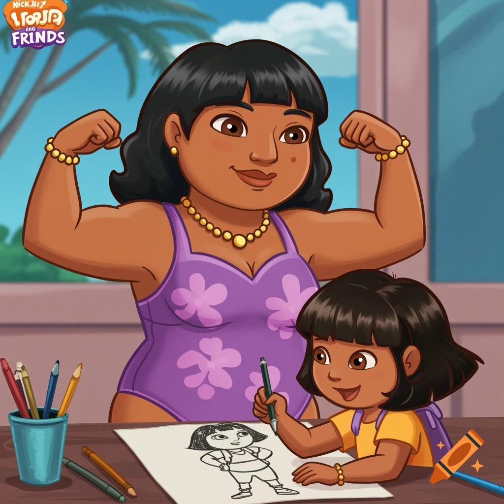 A cartoon woman flexes her arm while a child draws her posing in an art class.