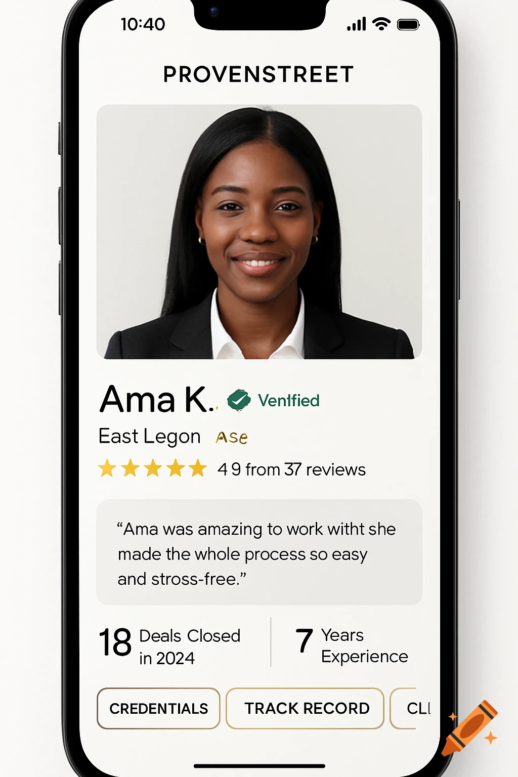 Smartphone screen showing a professional profile for a real estate agent with a photo, rating, testimonial, and stats.