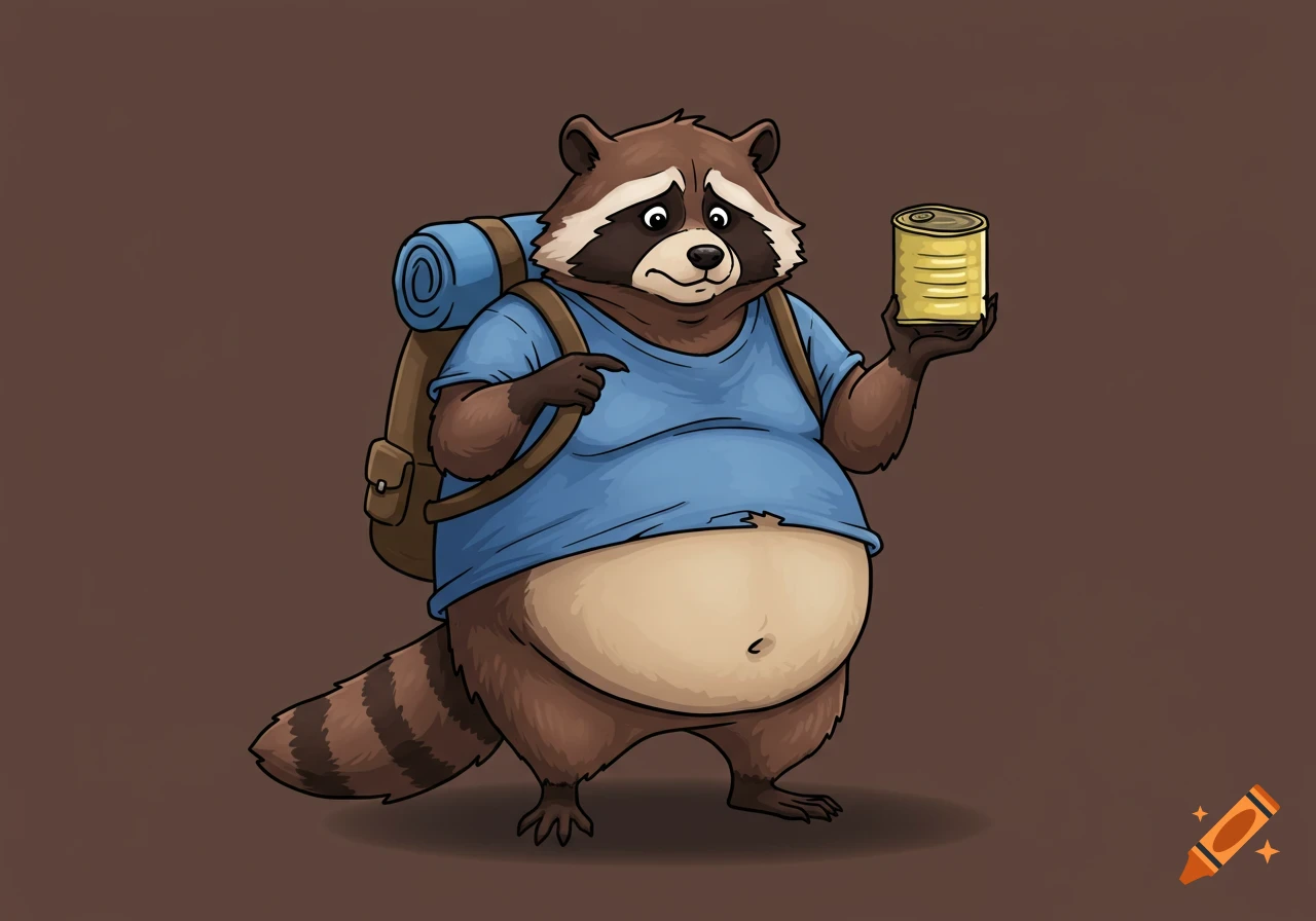 Sad cartoon raccoon with backpack and can.