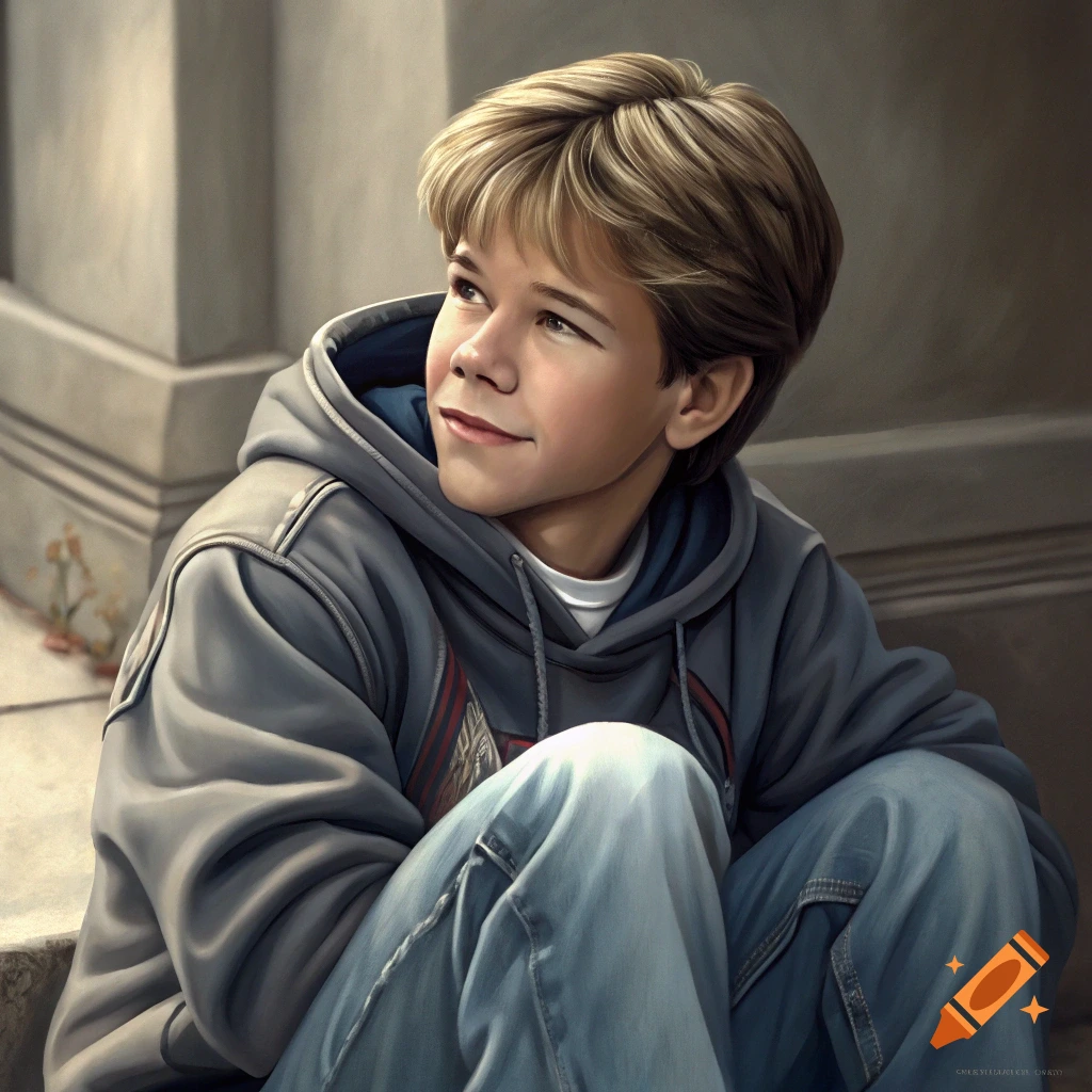 A young boy sits leaning against a wall, looking upwards, wearing a grey hoodie and jeans.