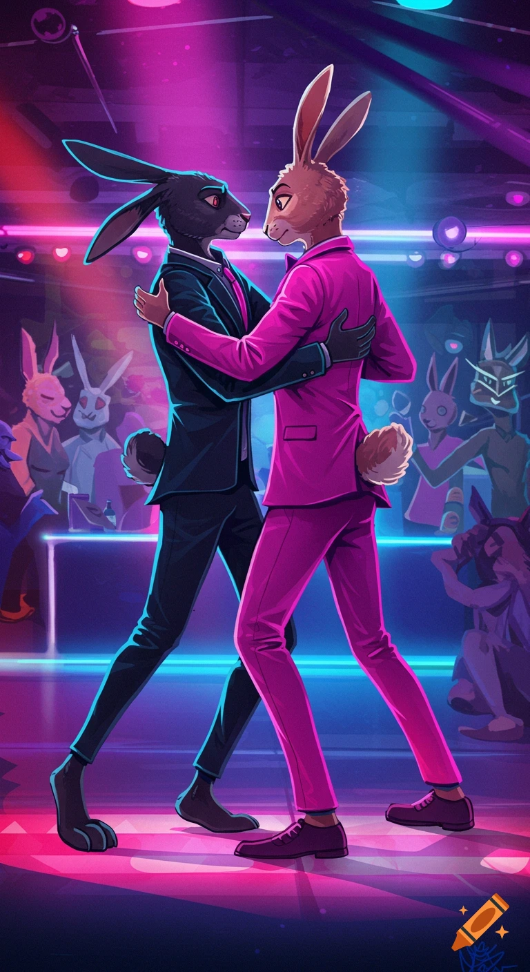 Two anthropomorphic rabbits dancing together in a neon-lit nightclub.