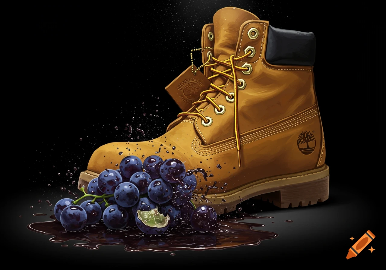 An illustration of a brown work boot crushing a cluster of purple grapes on a black background, causing splatters.