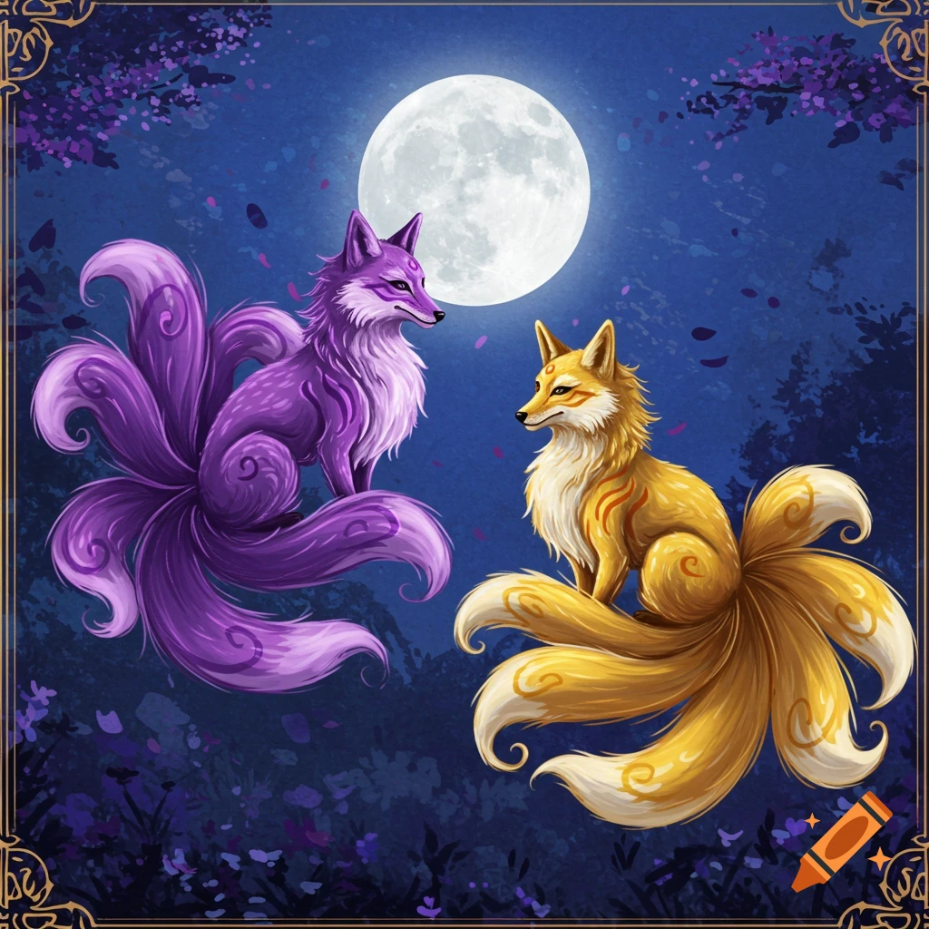 Two multi-tailed fantasy foxes, one purple and one gold, sitting under a full moon in a forest.