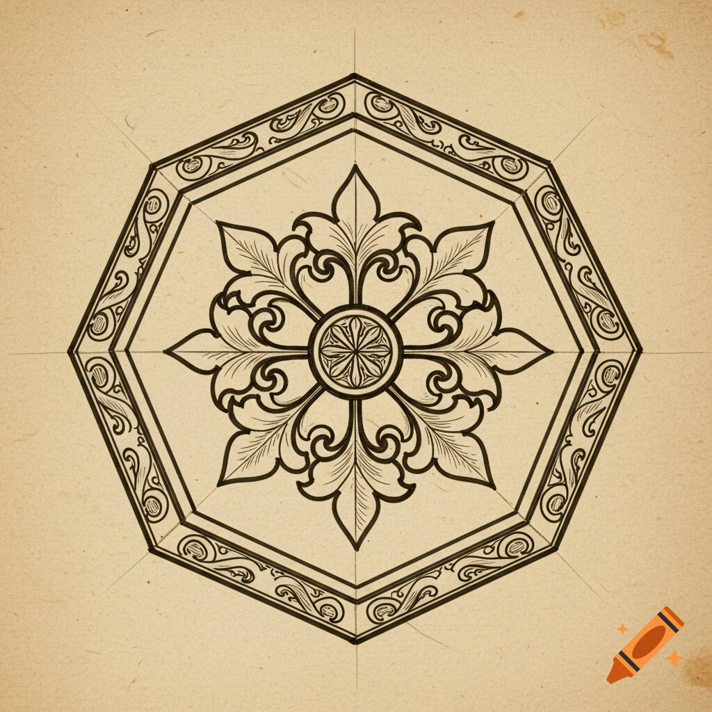 Sketch of an ornate geometric pattern within an octagon frame on textured paper.