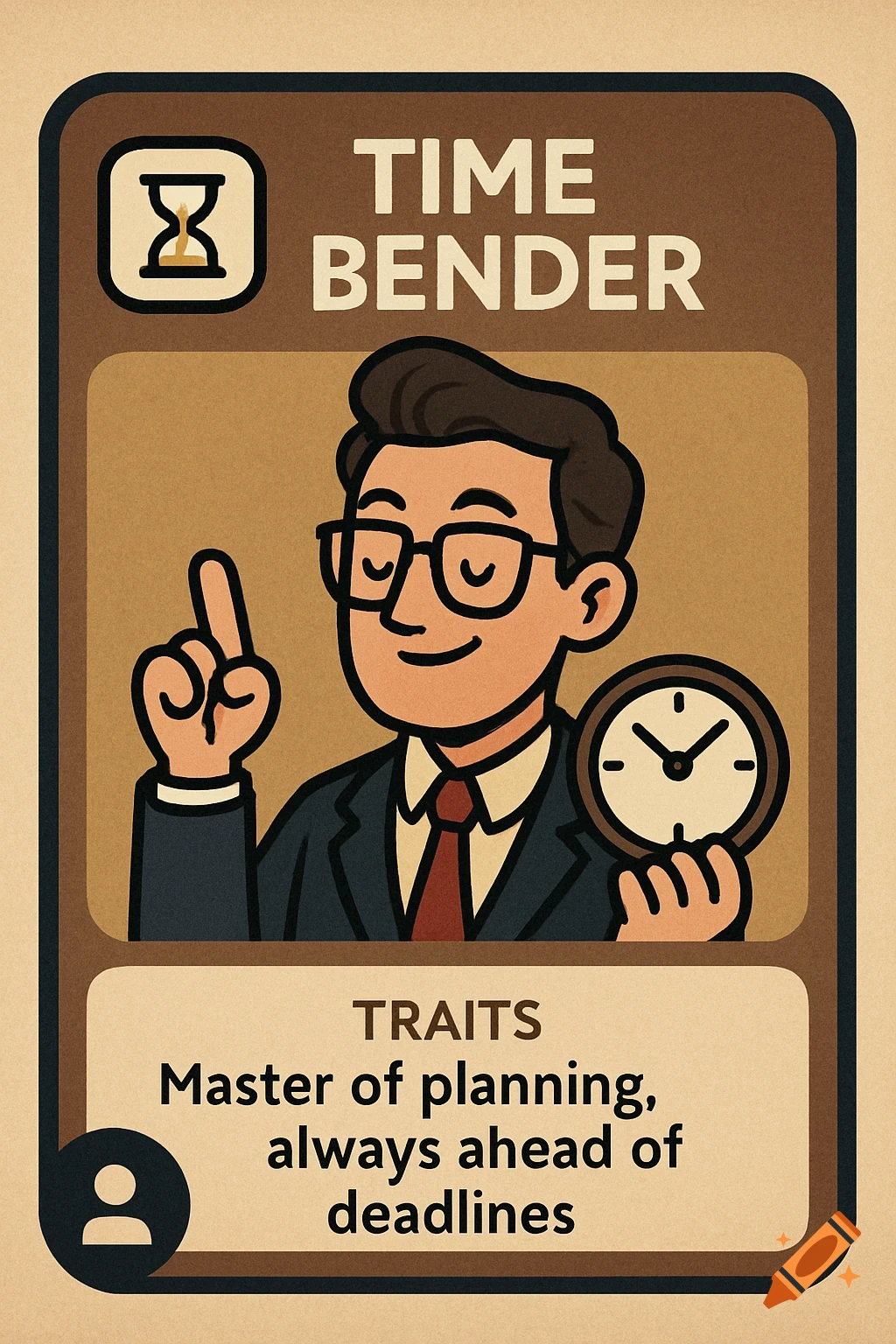 Illustration of a character card for 'Time Bender' featuring a man in a suit holding a clock