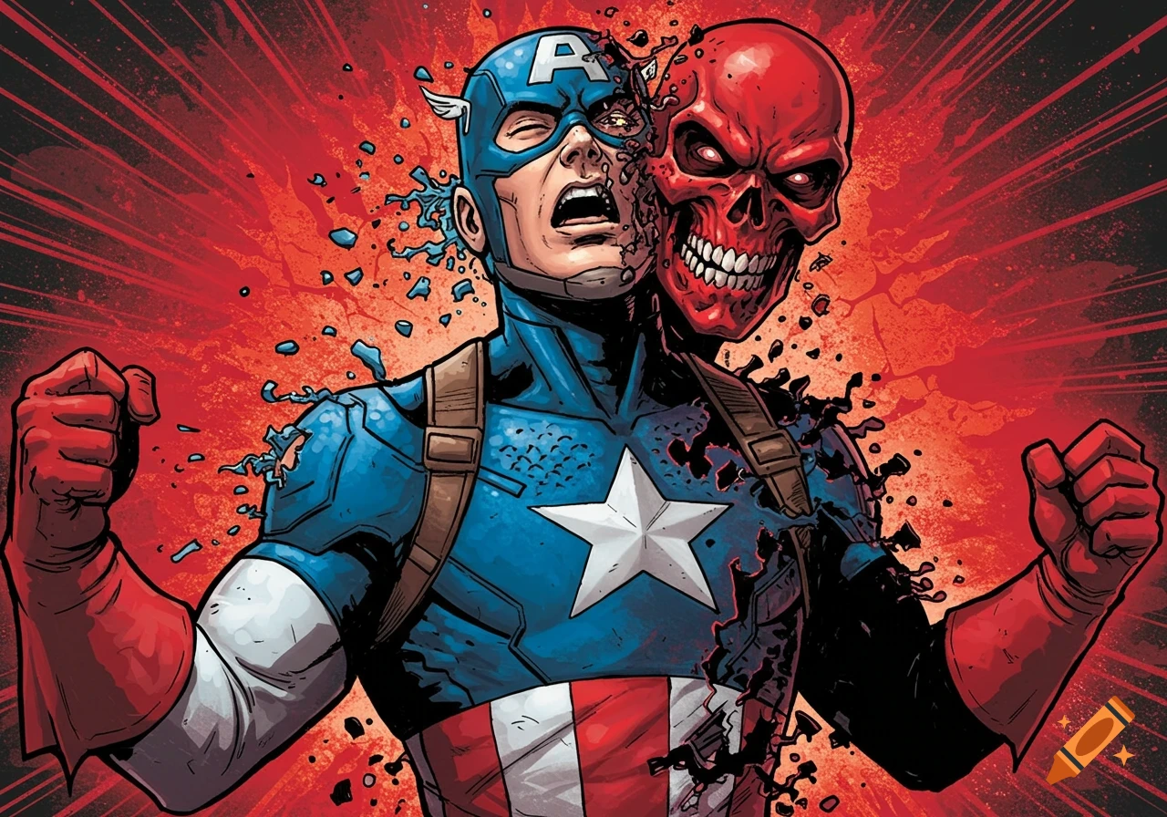 Captain America transforming into the Red Skull in a comic book illustration
