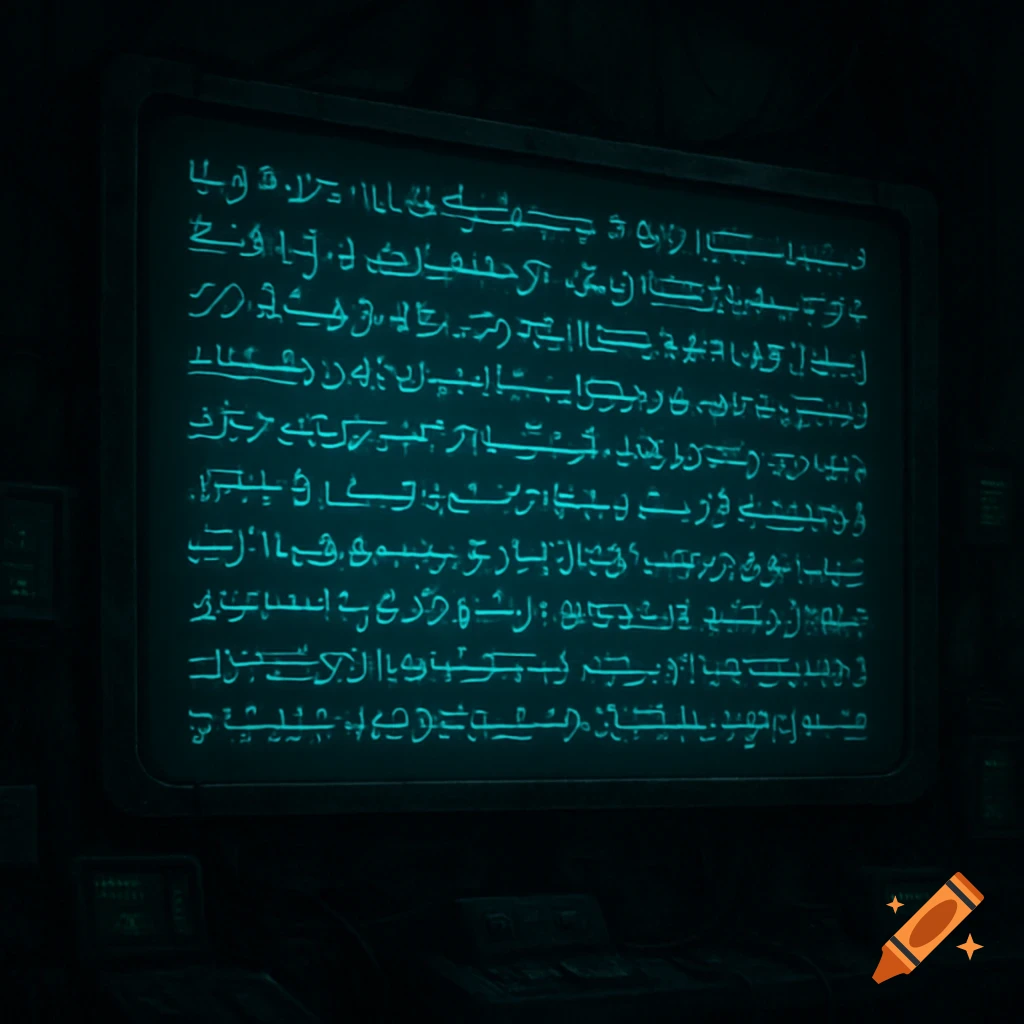 Futuristic screen displaying glowing alien or fictional language text in a dark lab setting.
