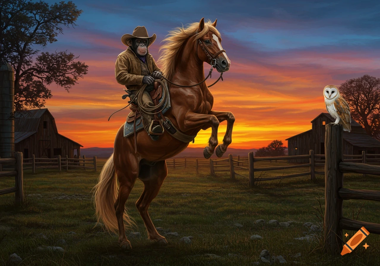 Oil painting of a chimp cowboy riding a rearing horse on a farm at sunset with an owl on a fence post.