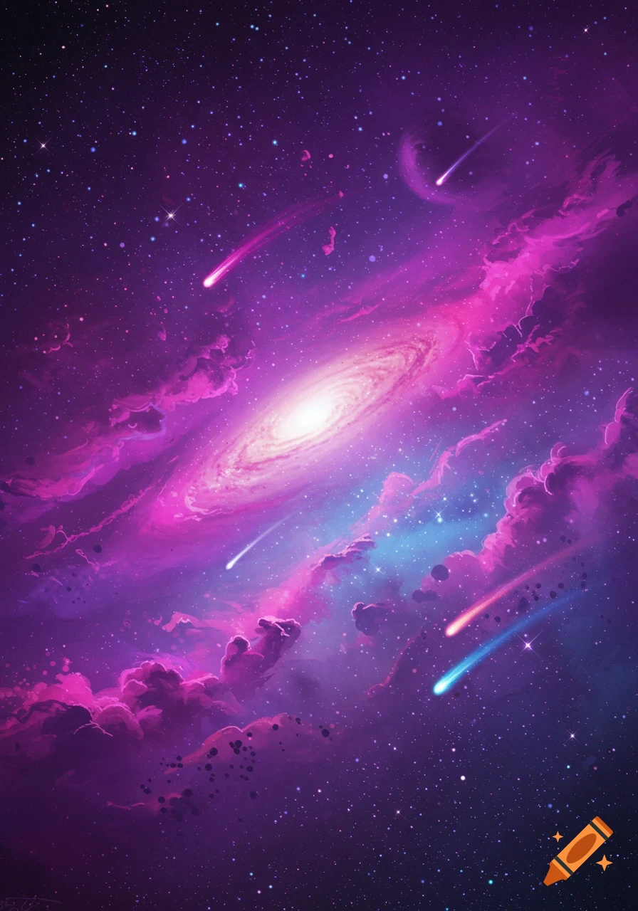 A vibrant space scene with a spiral galaxy, pink and purple nebulae, and shooting stars.