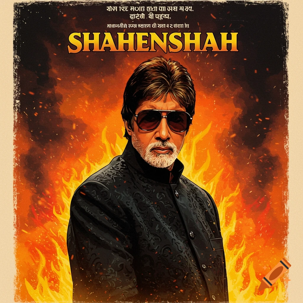 Dramatic portrait of a man in sunglasses and coat against a fiery background, in the style of a vintage movie poster.