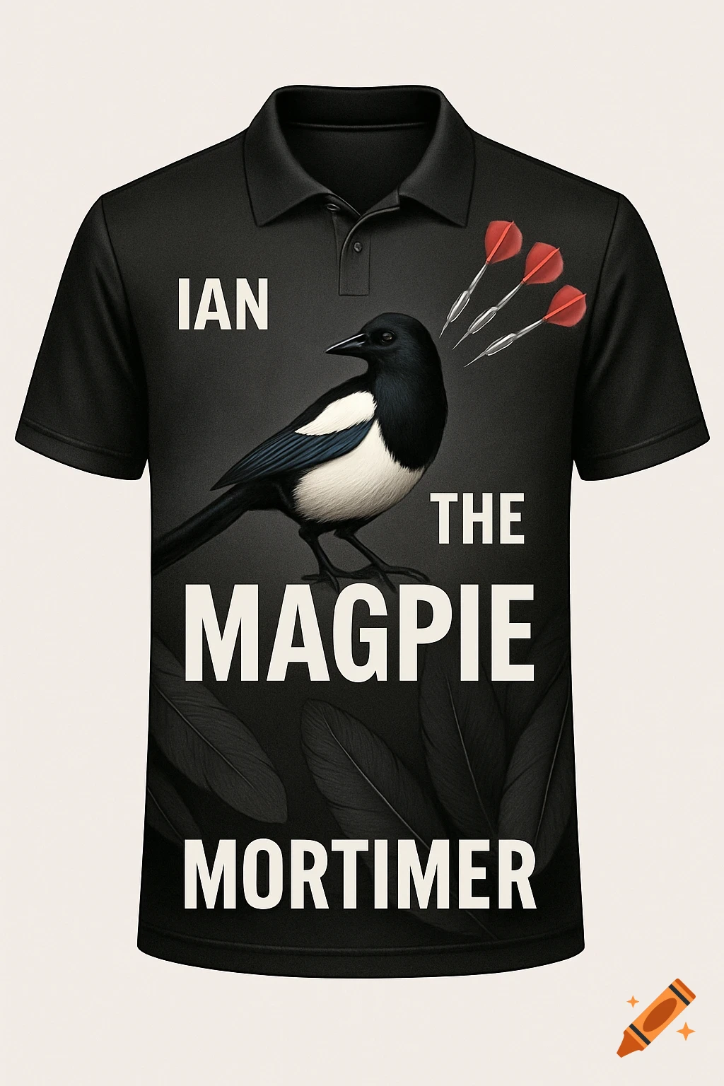 Black polo shirt design with a magpie bird, darts, and the text 'Ian the Magpie Mortimer'.
