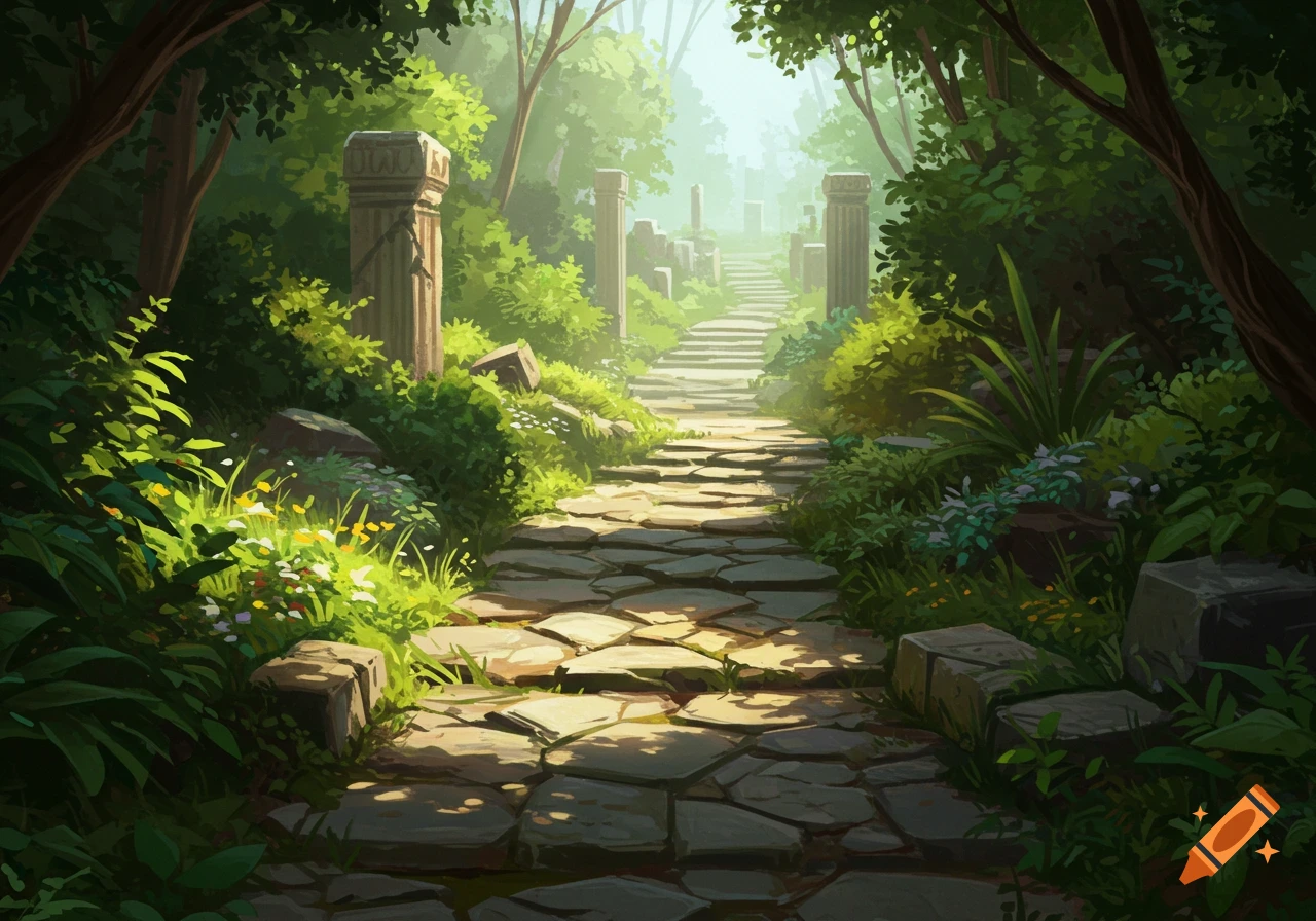 Stone path winding through a sunlit forest with ancient stone pillars and ruins, digital painting style.
